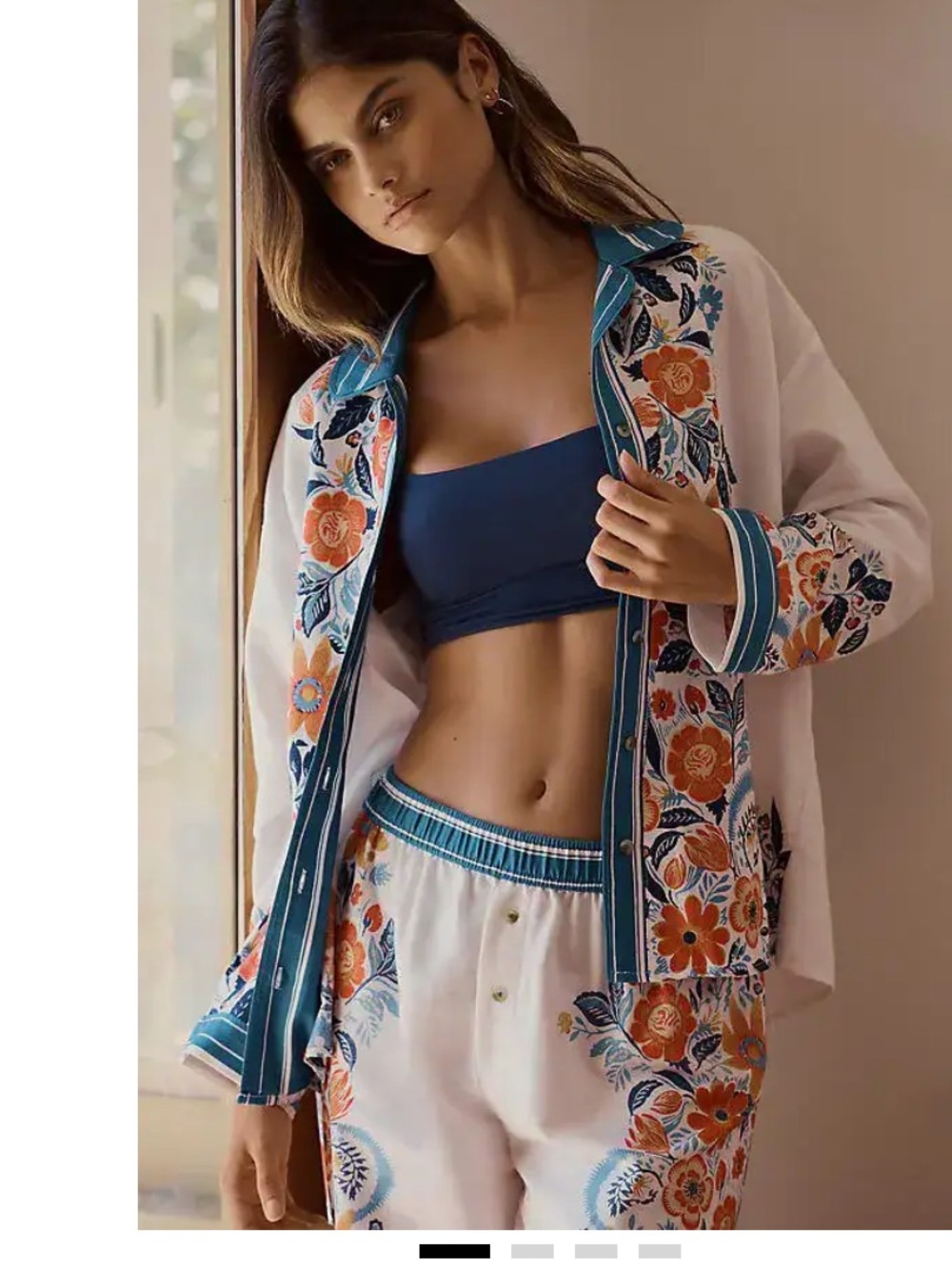 White Floral Embroidered Button-Up Shirt with Blue Trim Top or Pajama top